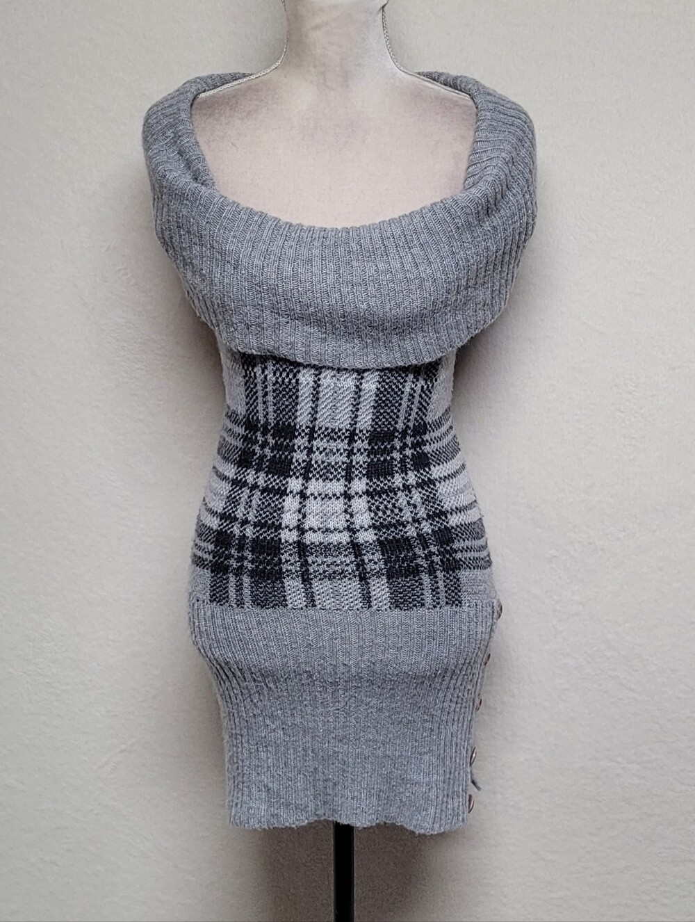 90s Vintage Say What Gray Plaid Cowl-neck Off-Shoulder Bodycon Mini Dress Small - Picture 2 of 11